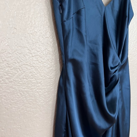 Delightful Allure Dark Blue Satin Pleated Backless Maxi Dress - Picture 6 of 8